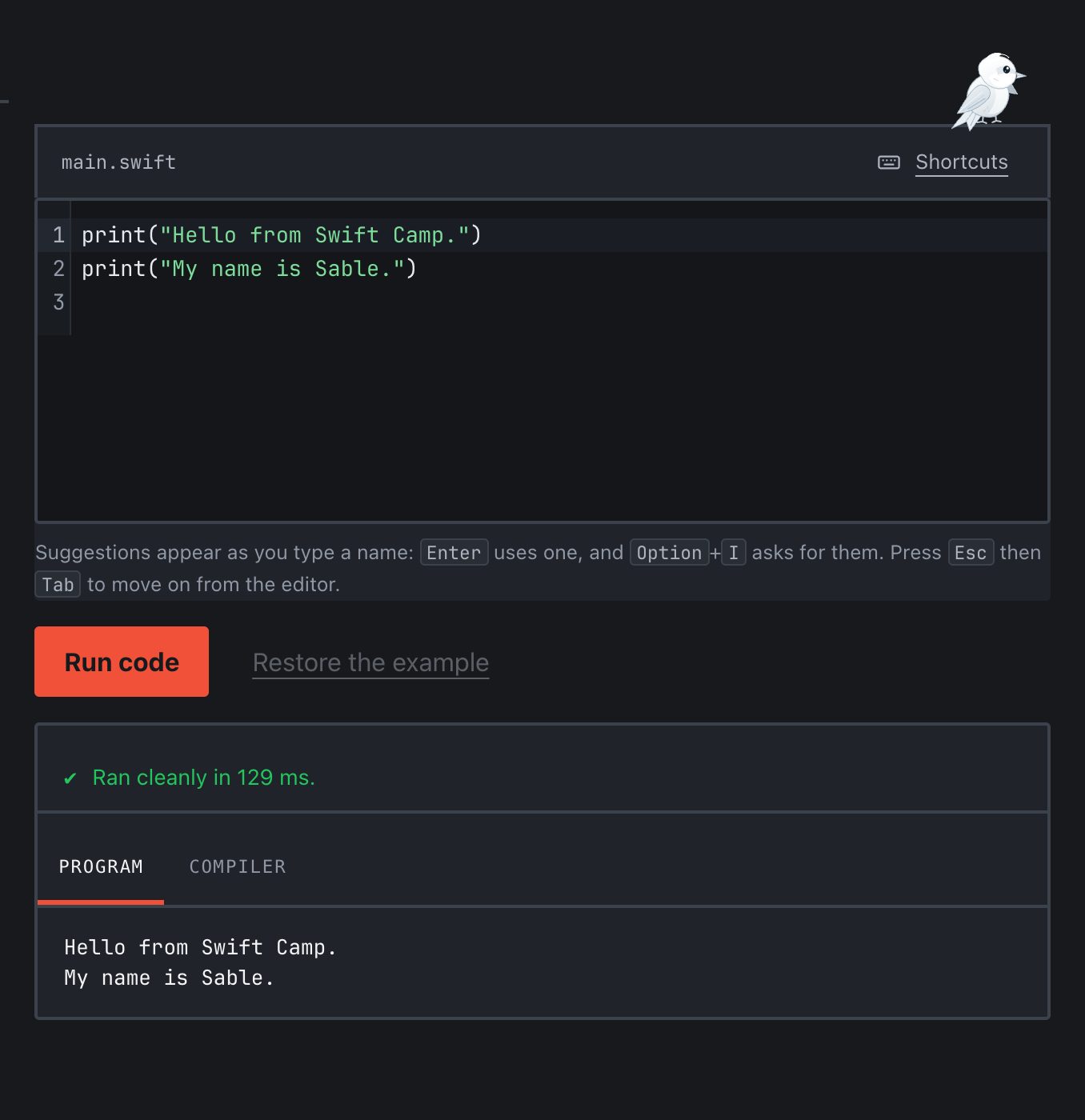 A worked example: two lines of Swift that print a greeting, the Run code button, and the output, Hello from Swift Camp. My name is Sable. The white swift stands on the editor.